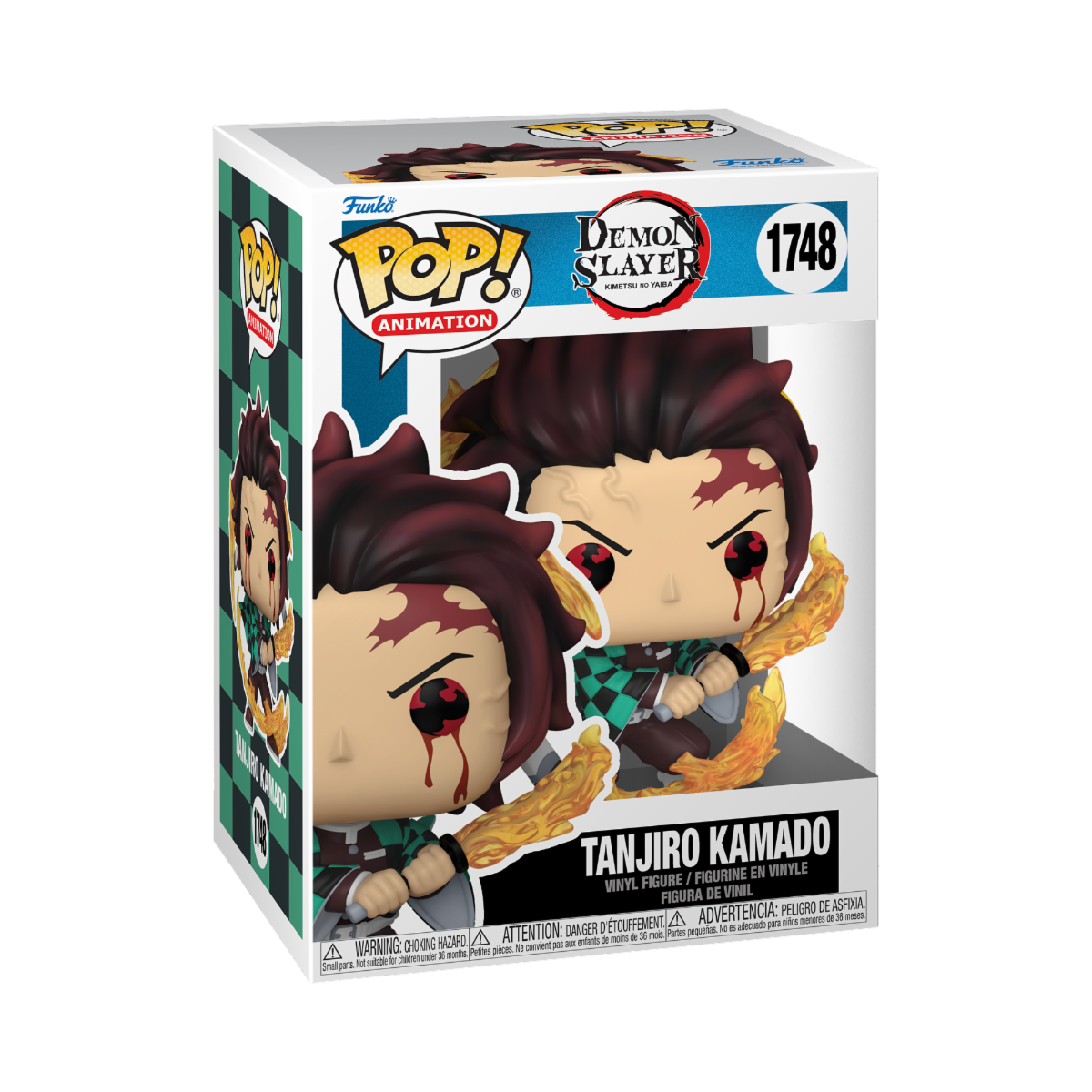 Funko POP! Demon Slayer #1748 Tanjiro Kamado (Sun Breathing) dentro da caixa original, com design e embalagem temática de Demon Slayer.