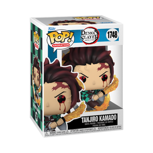 Funko POP! Demon Slayer #1748 Tanjiro Kamado (Sun Breathing) dentro da caixa original, com design e embalagem temática de Demon Slayer.