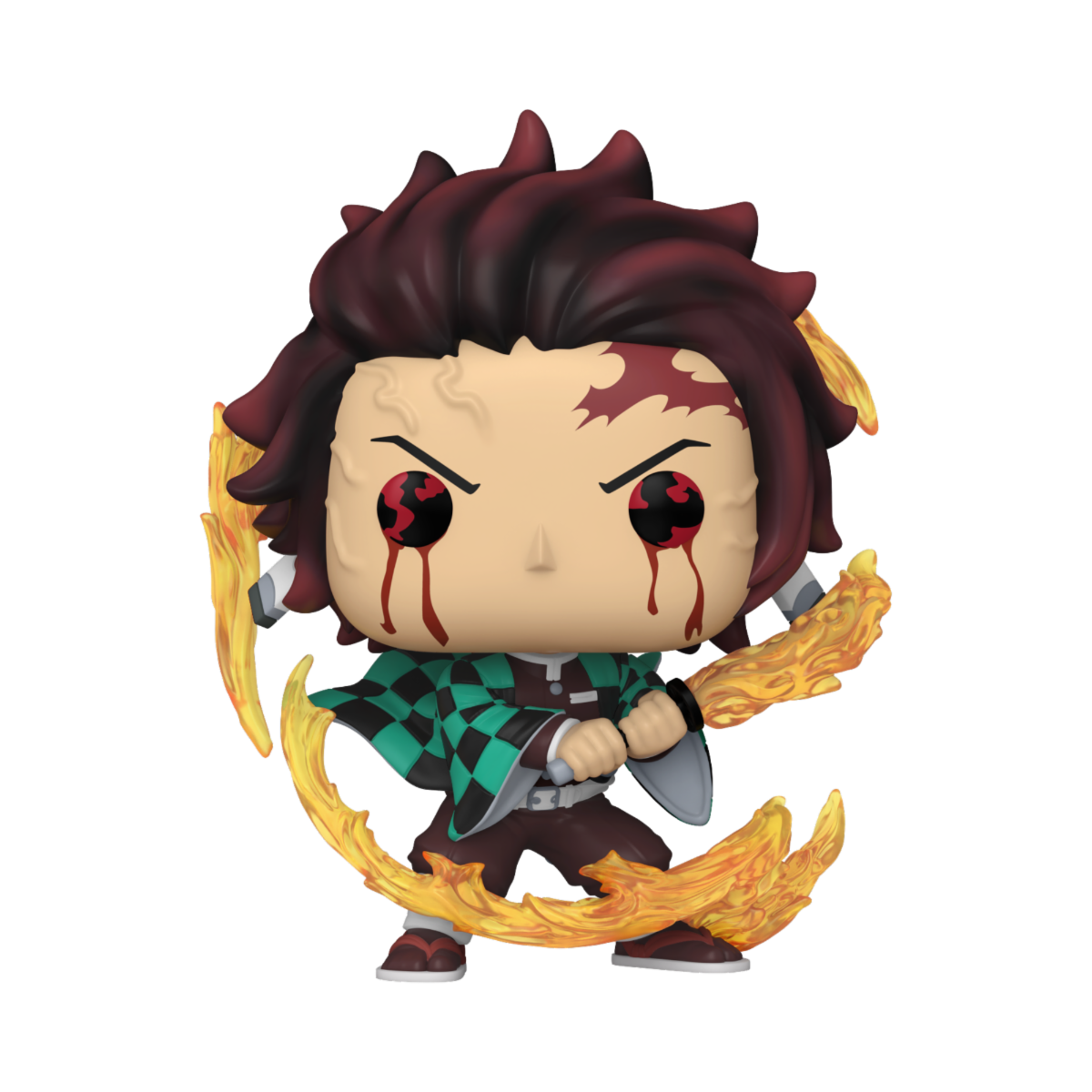 Funko POP! Demon Slayer #1748 Tanjiro Kamado (Sun Breathing) fora da caixa, mostrando Tanjiro em posição de Respiração do Sol com detalhes e expressão determinada.