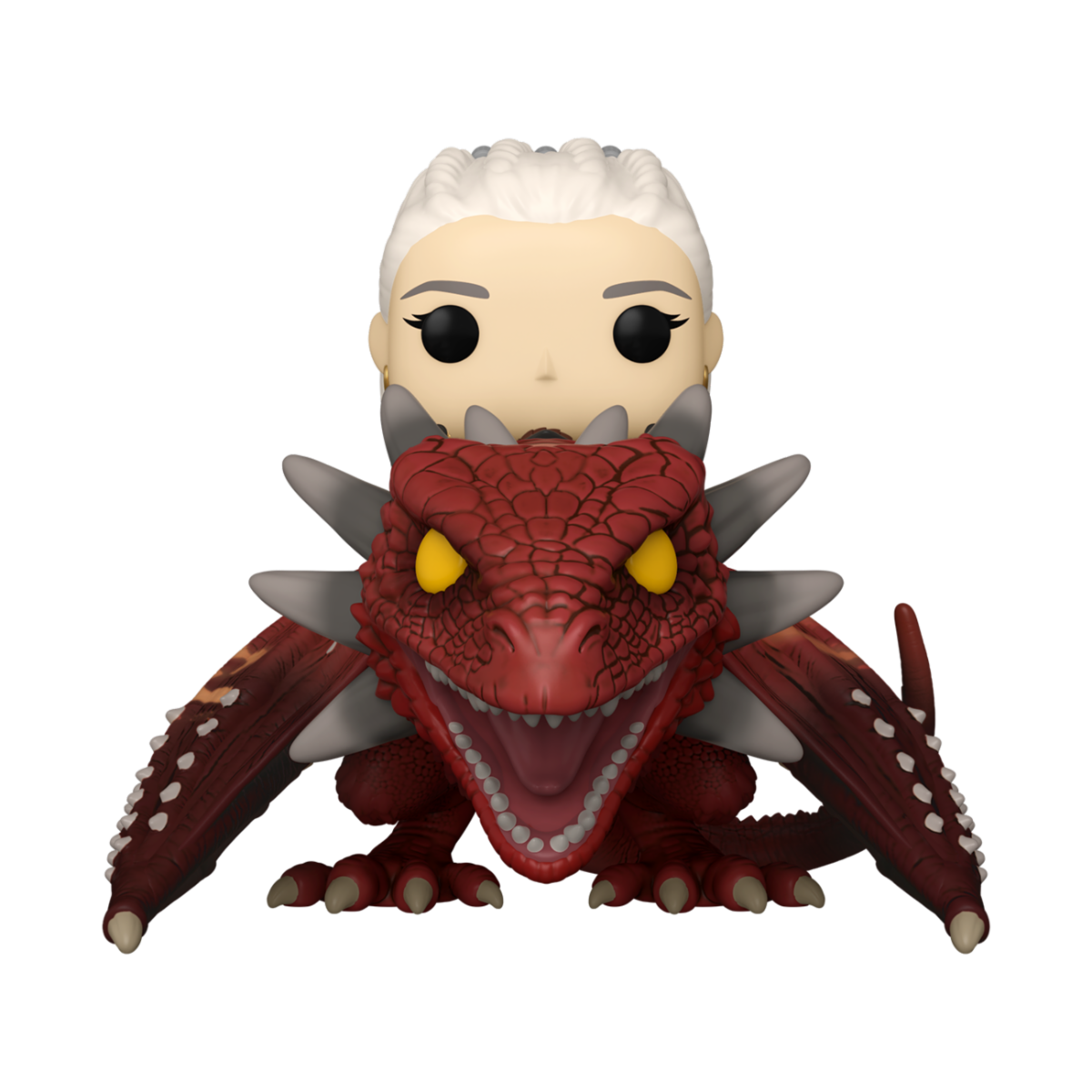 Funko POP! House of the Dragon #124 Rhaenys Targaryen with Meleys fora da caixa, mostrando Rhaenys montada em Meleys com detalhes realistas.