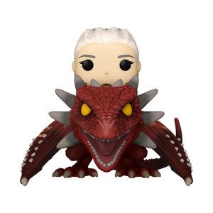 Funko POP! House of the Dragon #124 Rhaenys Targaryen with Meleys fora da caixa, mostrando Rhaenys montada em Meleys com detalhes realistas.