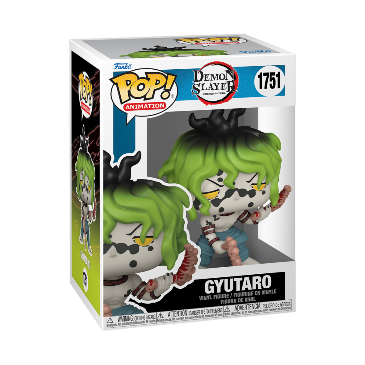 Funko POP! Demon Slayer #1751 Gyutaro dentro da caixa original, com design e embalagem temática de Demon Slayer.
